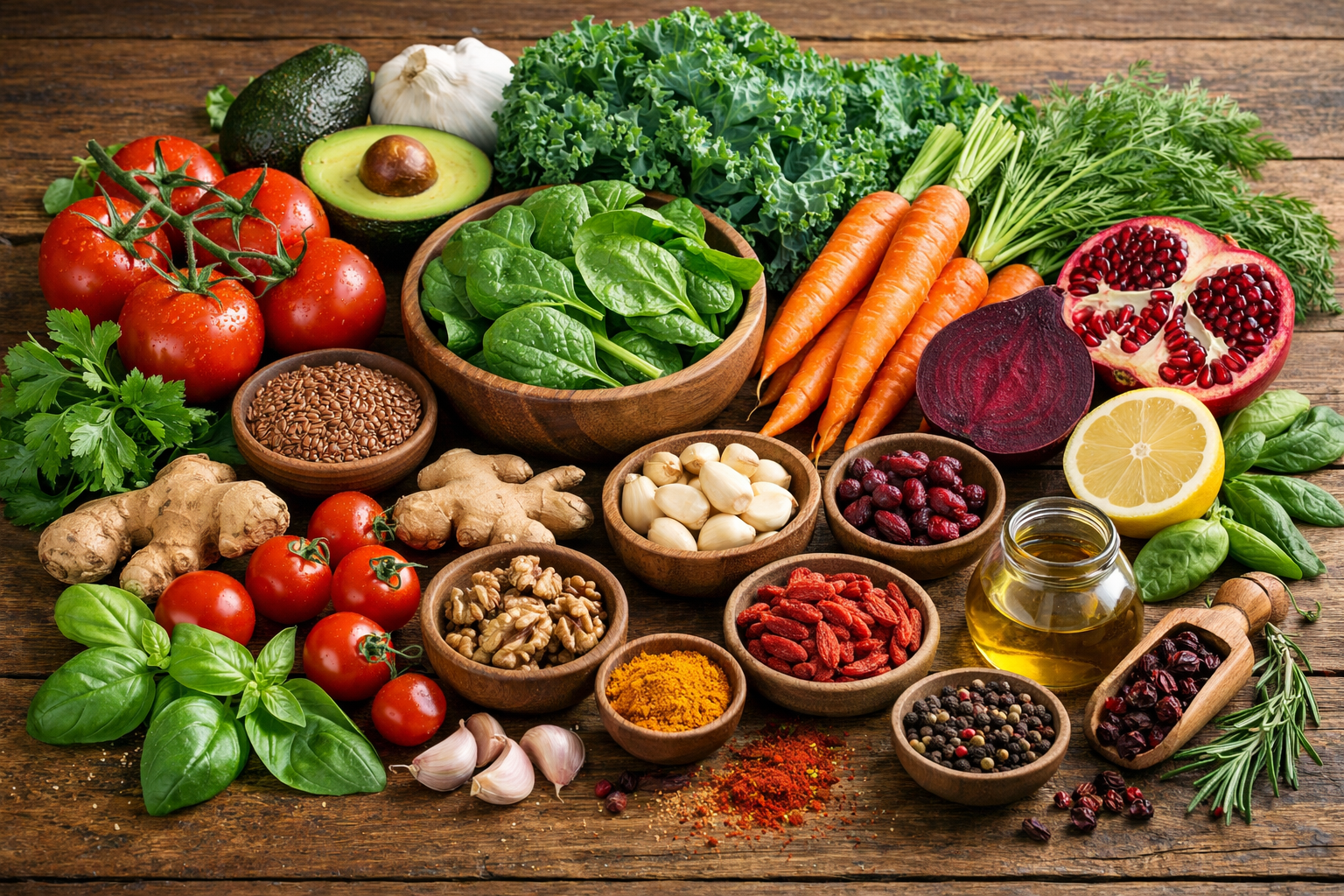Fresh vegetables and herbs on a wooden table, including tomatoes, leafy greens, carrots, and natural ingredients for healthy circulation support