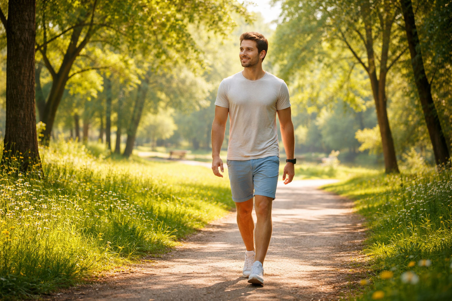 Person walking peacefully in a green park on a sunny day, surrounded by trees and nature, promoting healthy lifestyle and cardiovascular wellness